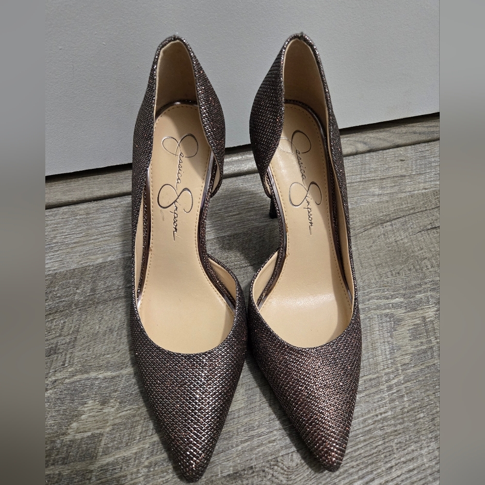 Jessica Simpson Claudette D'Orsay Dress Heels Bronze Sparkle Mesh Size 7.5